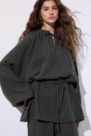 Muslin Tie Blouse Dark Green