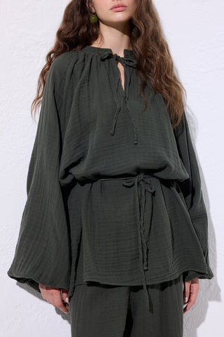 Muslin Tie Blouse Dark Green