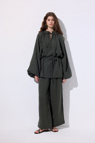 Muslin Tie Blouse Dark Green