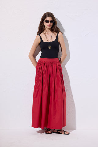 Pleated Wide Skirt Red