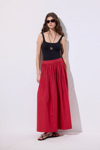 Pleated Wide Skirt Red