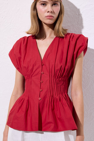Sleeveless Pleated Blouse Red