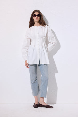 Long-Sleeve Pleated Blouse Ecru