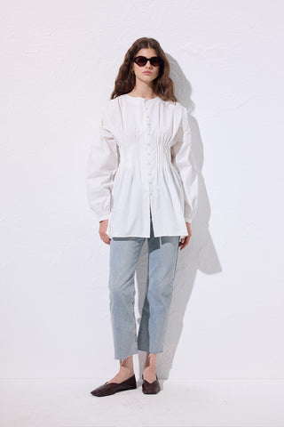 Long-Sleeve Pleated Blouse Ecru