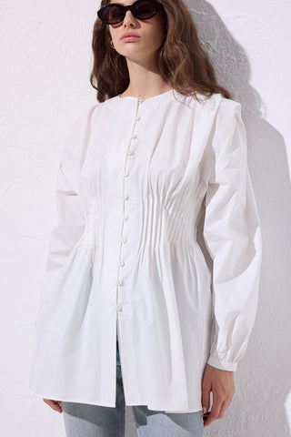Long-Sleeve Pleated Blouse Ecru