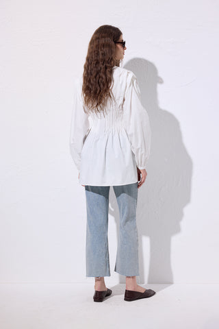 Long-Sleeve Pleated Blouse Ecru