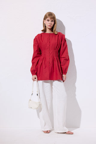 Long-Sleeve Pleated Blouse Red