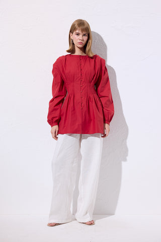 Long-Sleeve Pleated Blouse Red