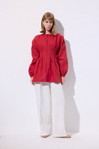 Long-Sleeve Pleated Blouse Red