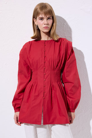 Long-Sleeve Pleated Blouse Red