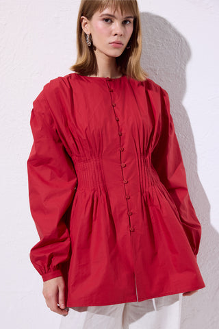 Long-Sleeve Pleated Blouse Red