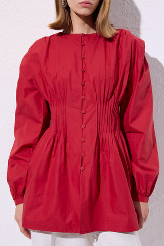 Long-Sleeve Pleated Blouse Red