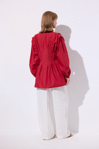 Long-Sleeve Pleated Blouse Red