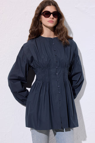Long-Sleeve Pleated Blouse Navy Blue