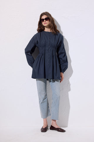 Long-Sleeve Pleated Blouse Navy Blue