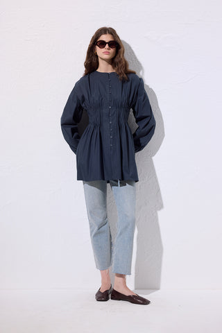 Long-Sleeve Pleated Blouse Navy Blue