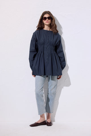 Long-Sleeve Pleated Blouse Navy Blue