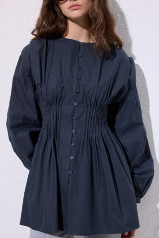 Long-Sleeve Pleated Blouse Navy Blue