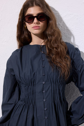 Long-Sleeve Pleated Blouse Navy Blue