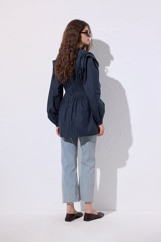 Long-Sleeve Pleated Blouse Navy Blue