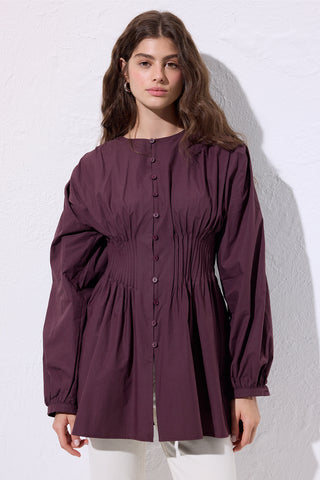 Long-Sleeve Pleated Blouse Damson