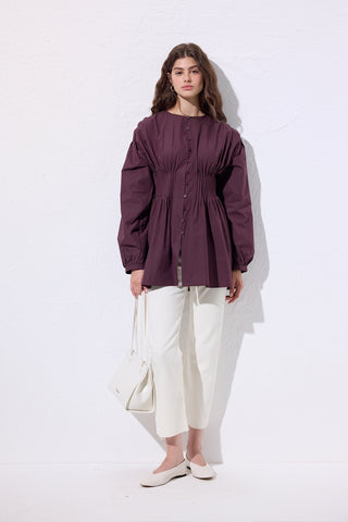 Long-Sleeve Pleated Blouse Damson