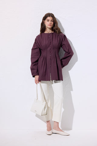 Long-Sleeve Pleated Blouse Damson