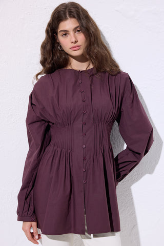 Long-Sleeve Pleated Blouse Damson