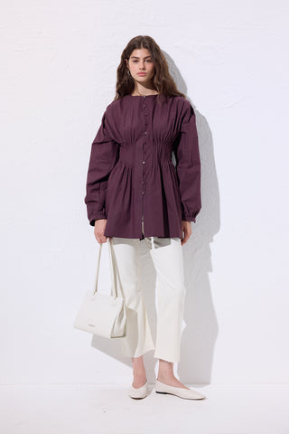 Long-Sleeve Pleated Blouse Damson
