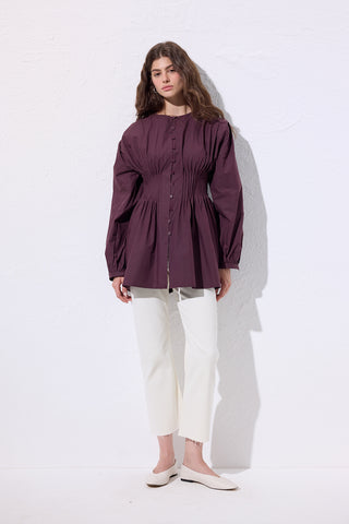 Long-Sleeve Pleated Blouse Damson