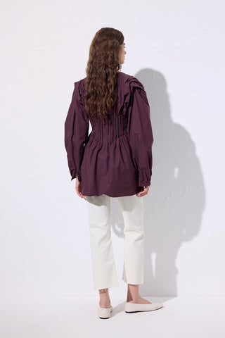 Long-Sleeve Pleated Blouse Damson
