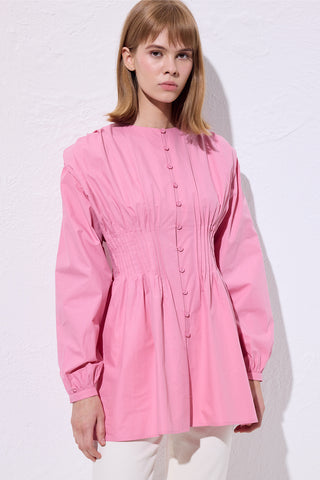 Long-Sleeve Pleated Blouse Pink