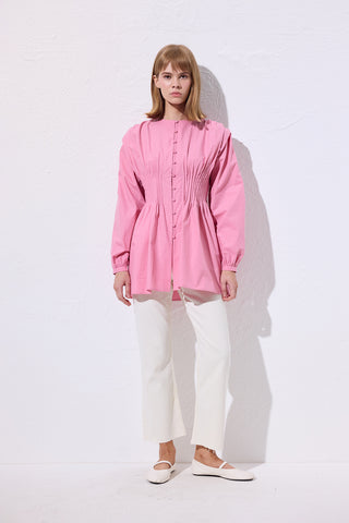 Long-Sleeve Pleated Blouse Pink