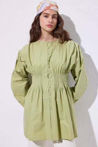 Long-Sleeve Pleated Blouse Green