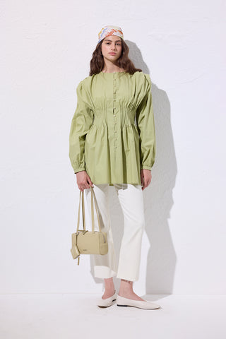 Long-Sleeve Pleated Blouse Green