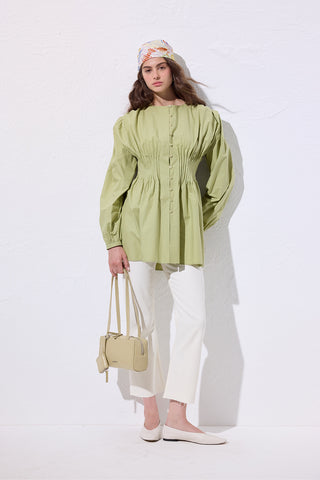 Long-Sleeve Pleated Blouse Green