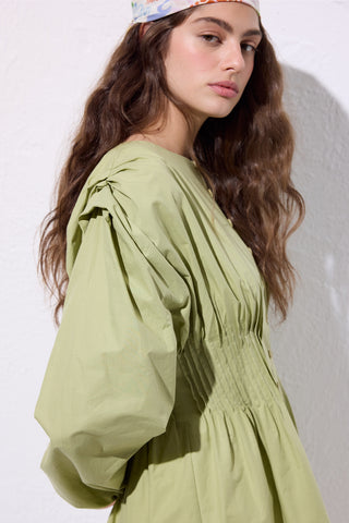 Long-Sleeve Pleated Blouse Green