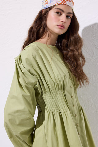 Long-Sleeve Pleated Blouse Green