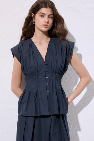 Sleeveless Pleated Blouse Navy Blue
