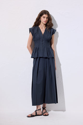 Sleeveless Pleated Blouse Navy Blue
