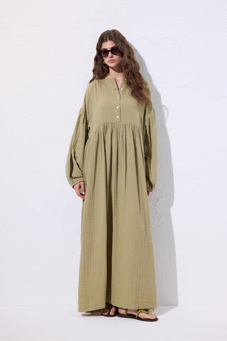 Muslin Buttoned Relaxed Dress Sage Green