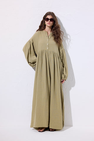 Muslin Buttoned Relaxed Dress Sage Green