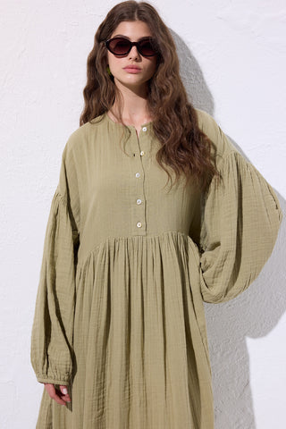 Muslin Buttoned Relaxed Dress Sage Green