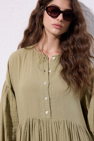 Muslin Buttoned Relaxed Dress Sage Green