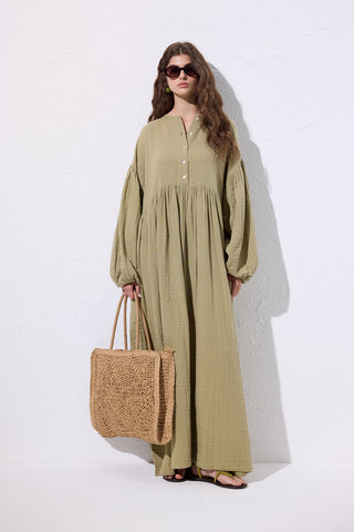 Muslin Buttoned Relaxed Dress Sage Green