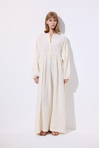 Muslin Buttoned Relaxed Dress Beige