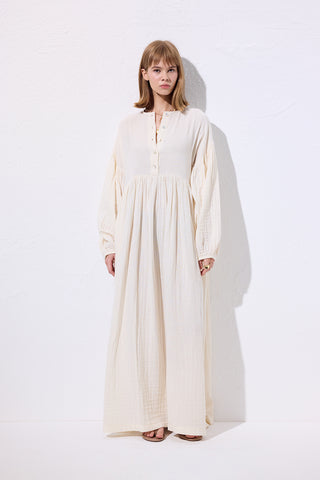 Muslin Buttoned Relaxed Dress Beige
