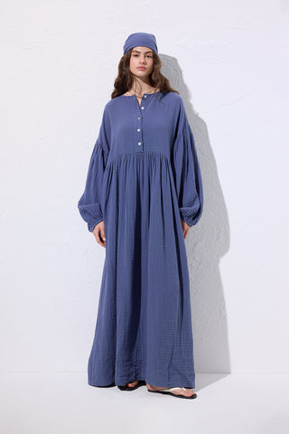 Muslin Buttoned Relaxed Dress Indigo