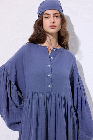 Muslin Buttoned Relaxed Dress Indigo