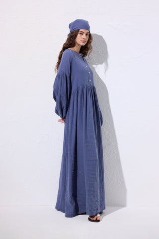 Muslin Buttoned Relaxed Dress Indigo
